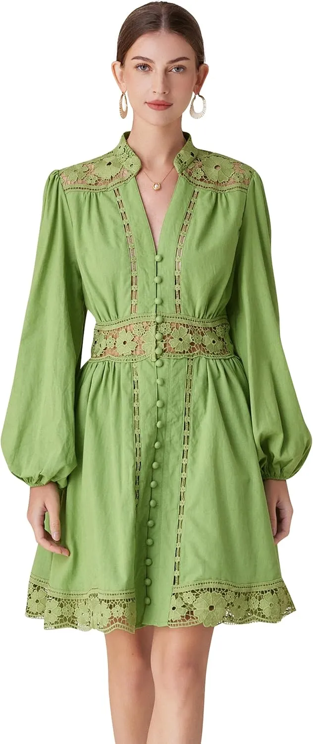 LAI MENG FIVE CATS Women's V-Neck Elegant Lace Long Sleeve Lantern Sleeve Button up Casual Mini Dress