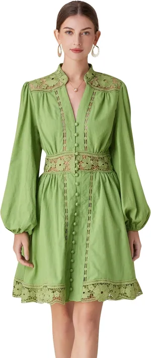 LAI MENG FIVE CATS Women's V-Neck Elegant Lace Long Sleeve Lantern Sleeve Button up Casual Mini Dress