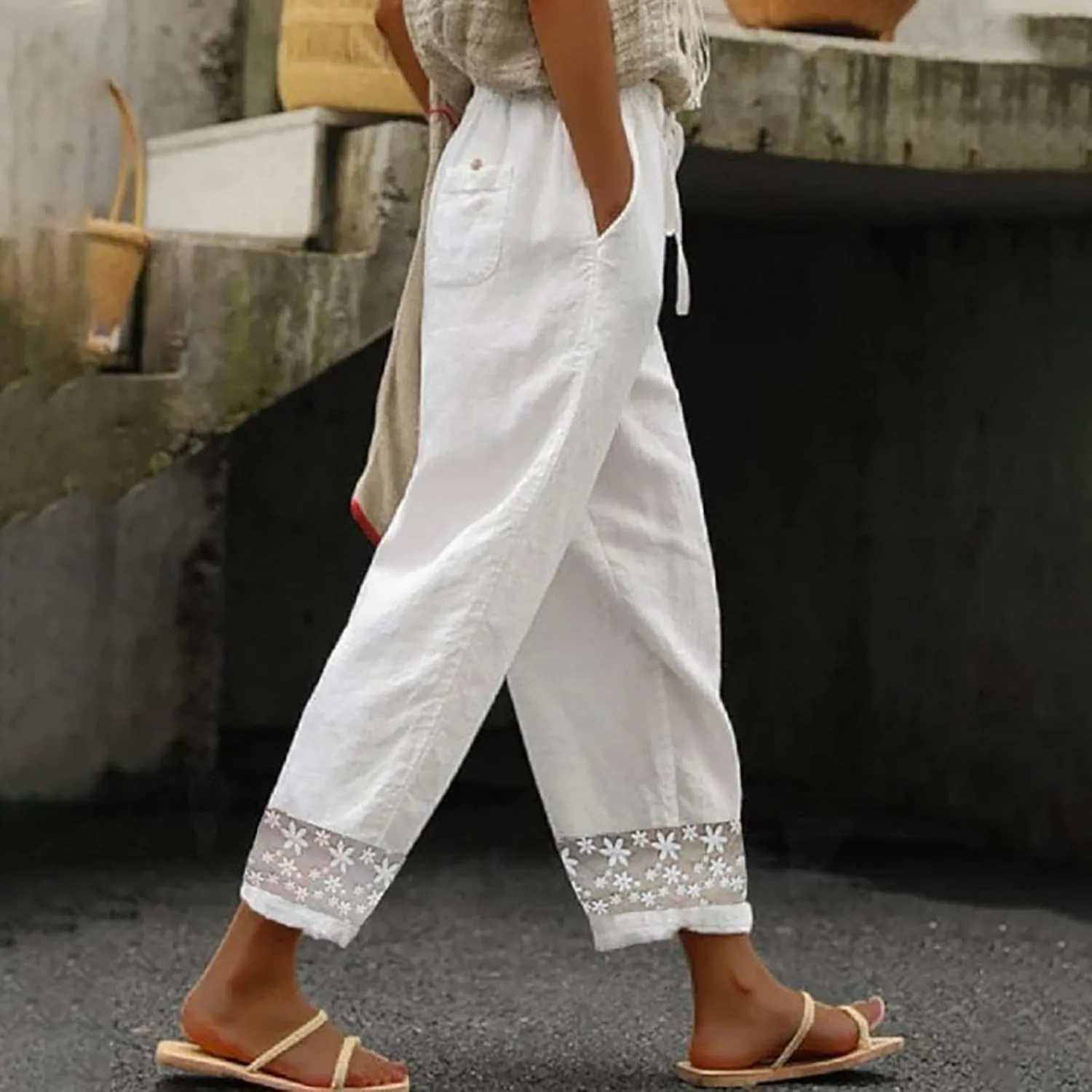 Linen Pants Women Color Cotton Linen Elastic Seven Pants Beach Casual Pants High Waisted Wide Leg Long Lounge Trousers