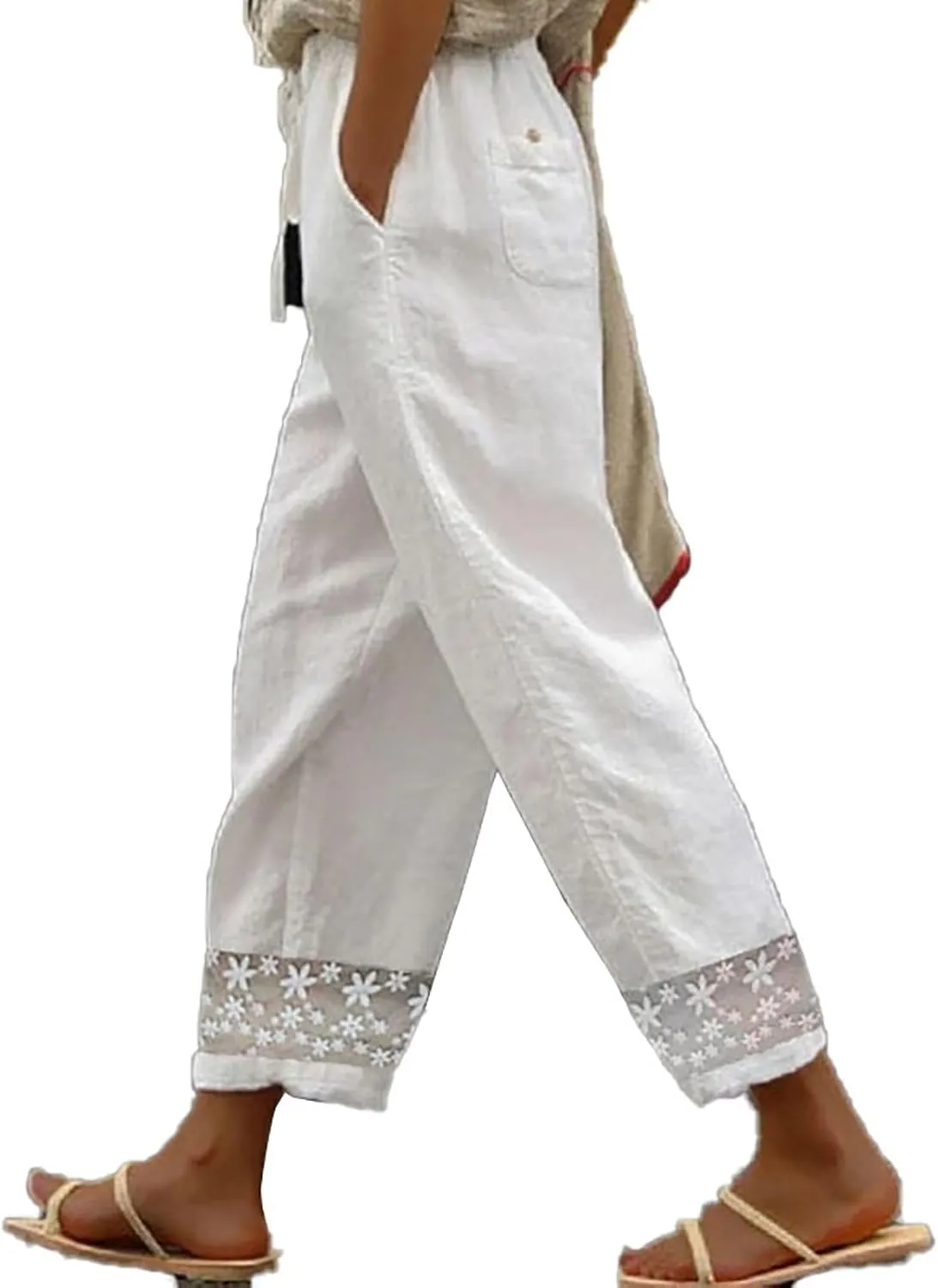 Linen Pants Women Color Cotton Linen Elastic Seven Pants Beach Casual Pants High Waisted Wide Leg Long Lounge Trousers