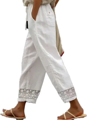 Linen Pants Women Color Cotton Linen Elastic Seven Pants Beach Casual Pants High Waisted Wide Leg Long Lounge Trousers