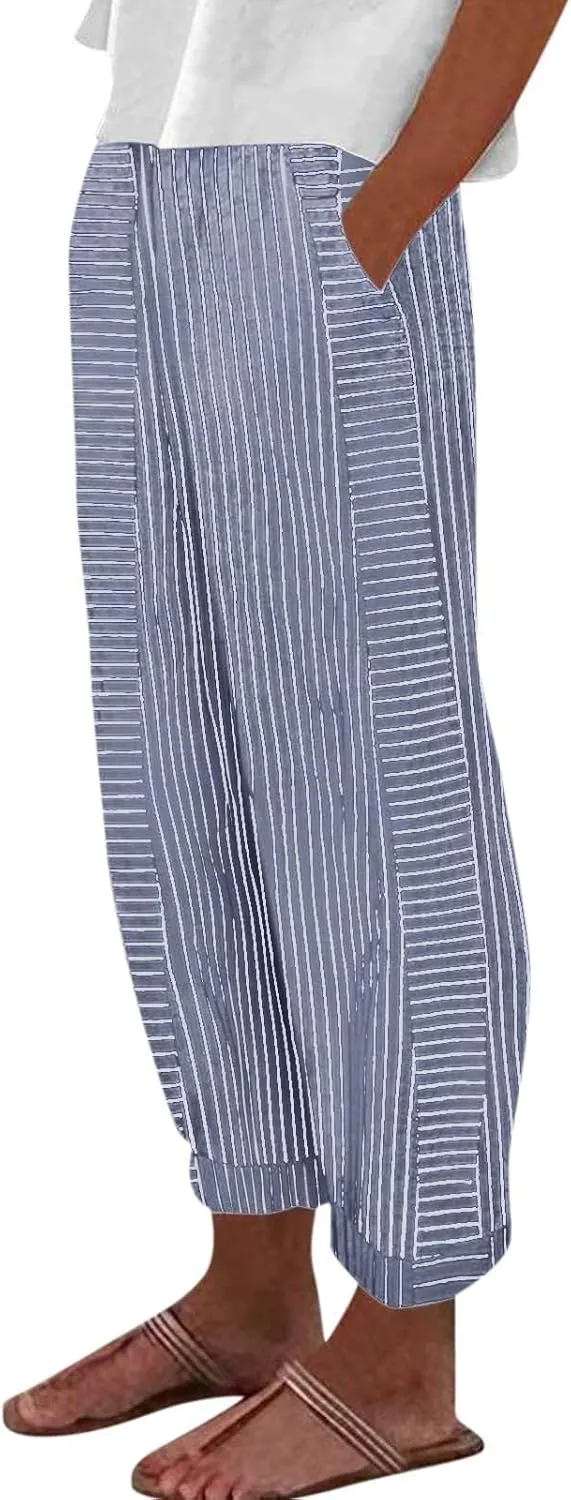 Linen Pants Women Linen Striped Elastic Waist Side Back Four Pockets 9/10 Loose Drawstring Elastic Waist Cropped Trouser