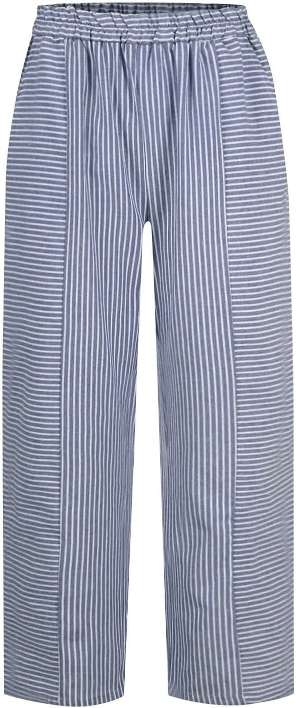 Linen Pants Women Linen Striped Elastic Waist Side Back Four Pockets 9/10 Loose Drawstring Elastic Waist Cropped Trouser