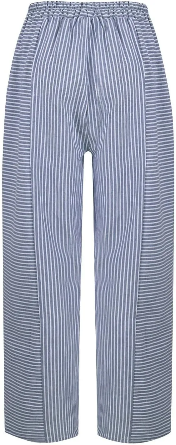 Linen Pants Women Linen Striped Elastic Waist Side Back Four Pockets 9/10 Loose Drawstring Elastic Waist Cropped Trouser