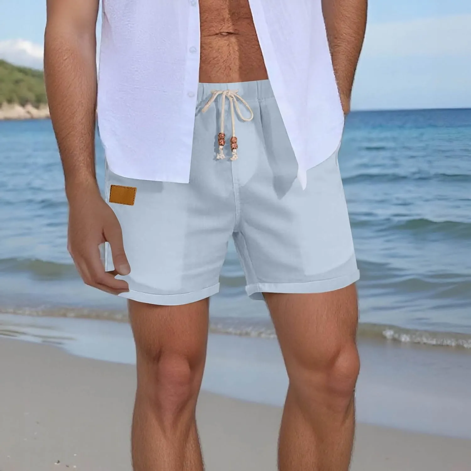 Linen Shorts for Men Casual Drawstring Elastic Waist Quick Dry Summer Beach Shorts with Pockets for Summer