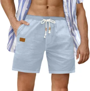 Linen Shorts for Men Casual Drawstring Elastic Waist Quick Dry Summer Beach Shorts with Pockets for Summer
