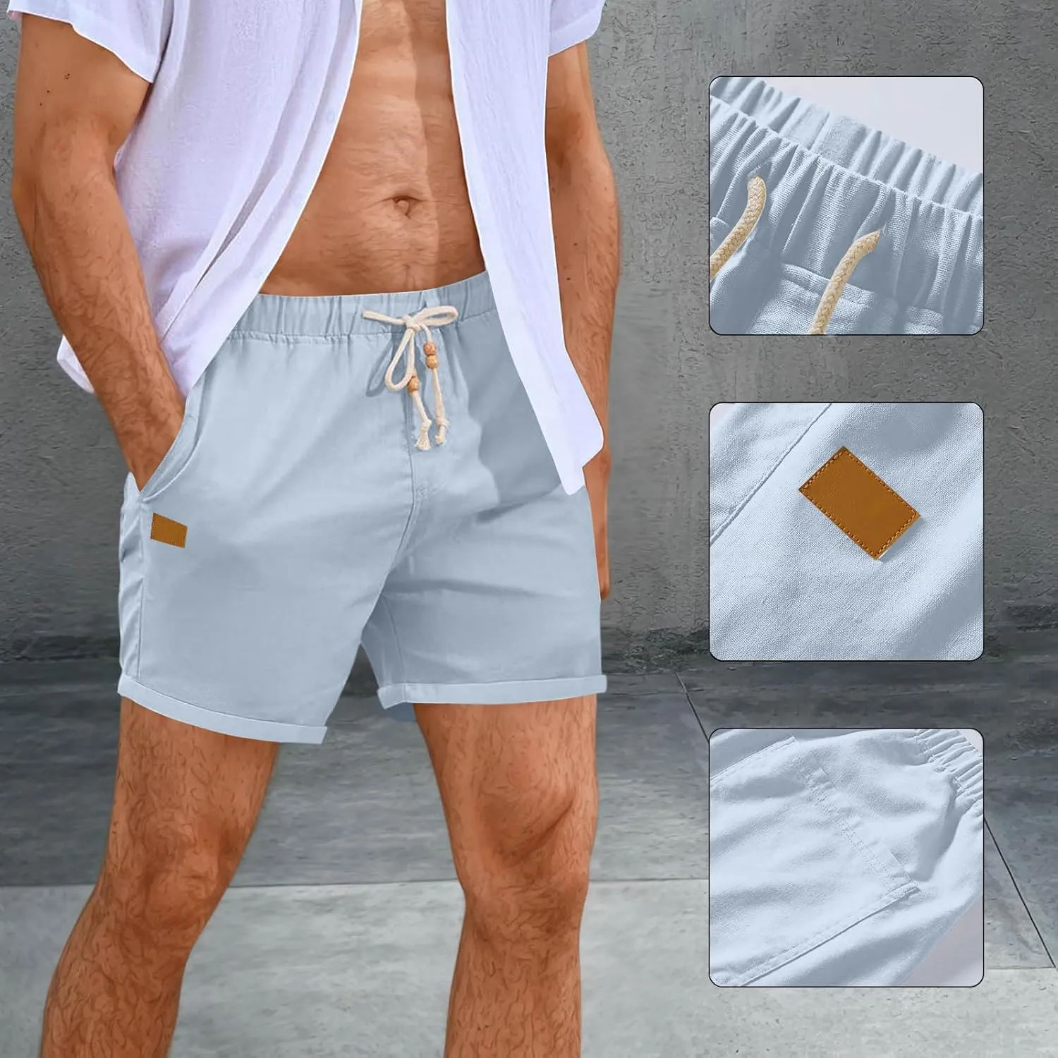 Linen Shorts for Men Casual Drawstring Elastic Waist Quick Dry Summer Beach Shorts with Pockets for Summer