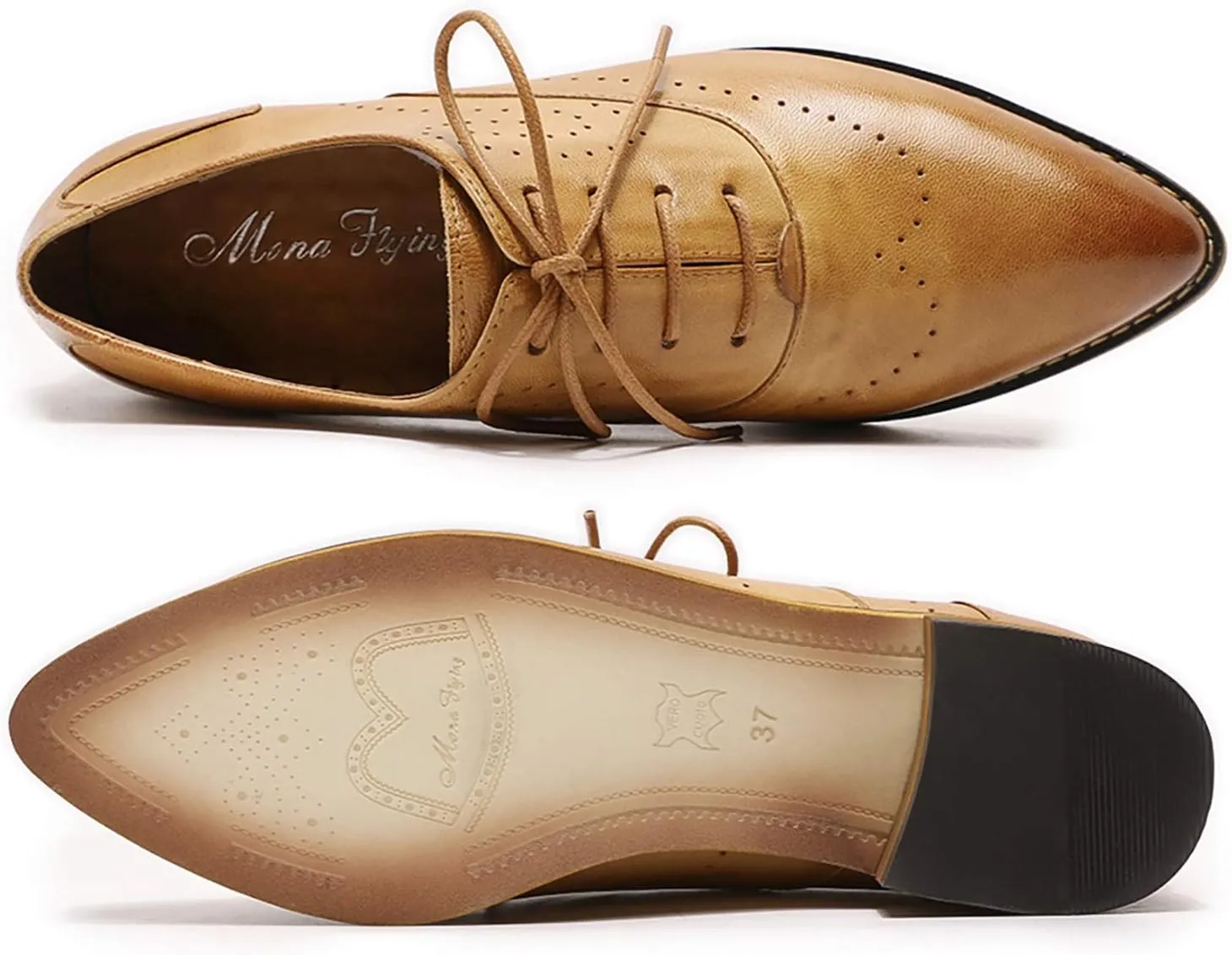 Mona flying Women's Pointed Toe Leather Oxfords Brogue Stylish Lace up Leather Shoes for Work