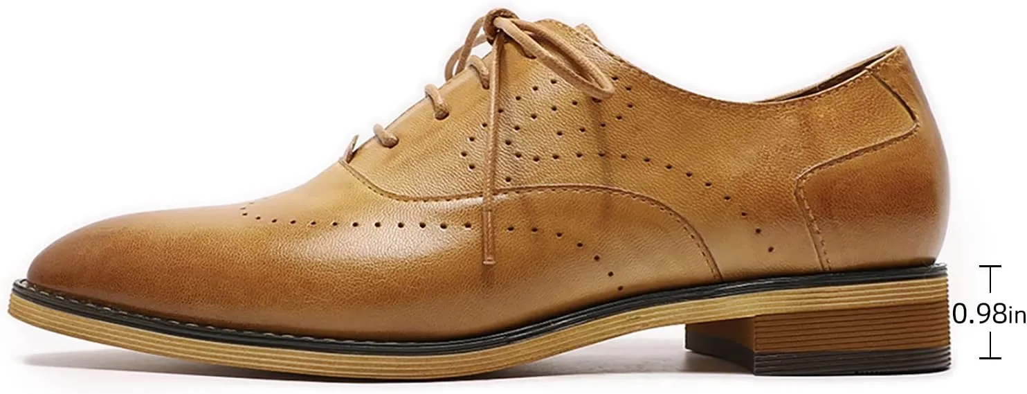 Mona flying Women's Pointed Toe Leather Oxfords Brogue Stylish Lace up Leather Shoes for Work