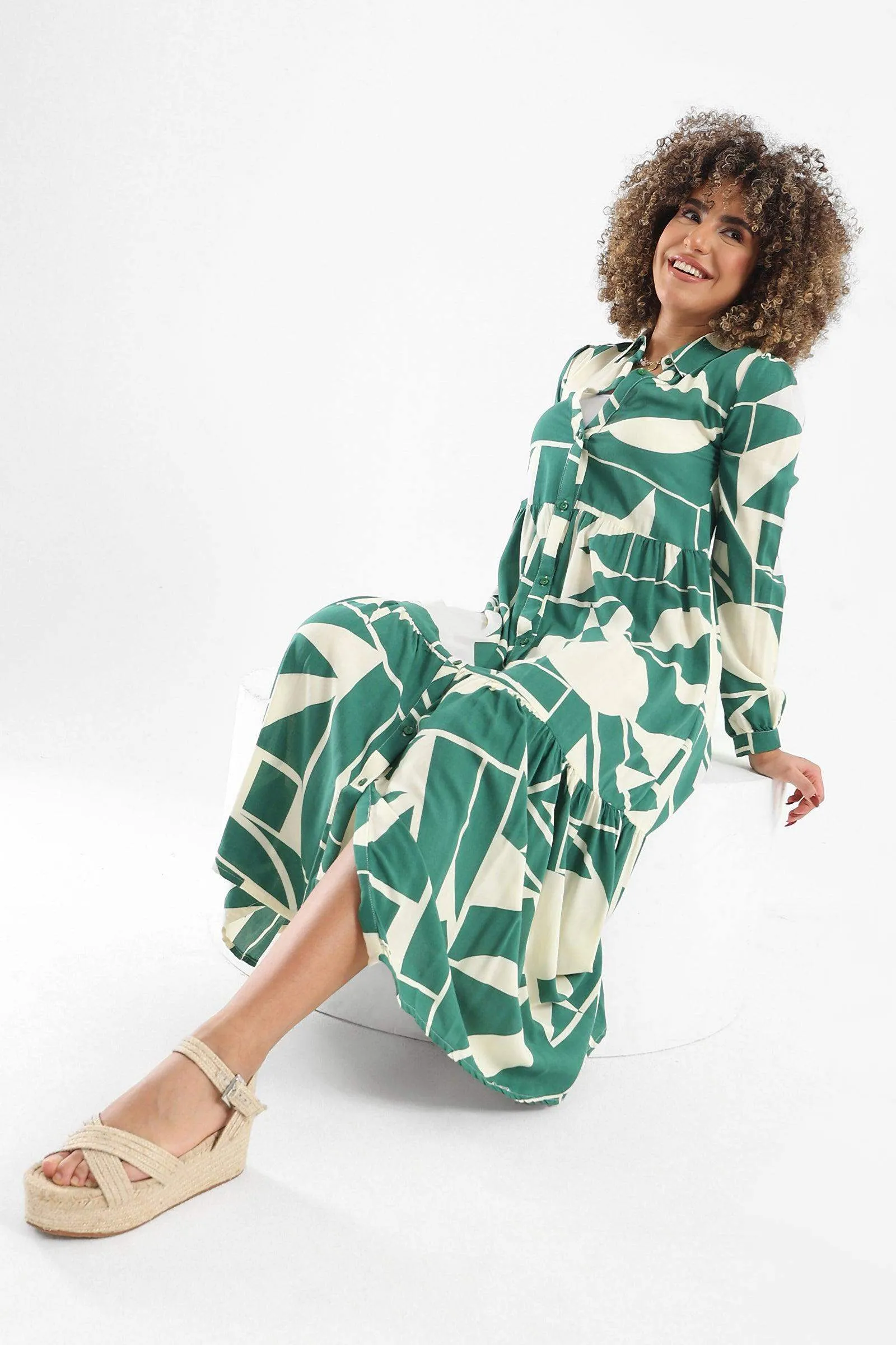 Printed Tiered Shirt Dress