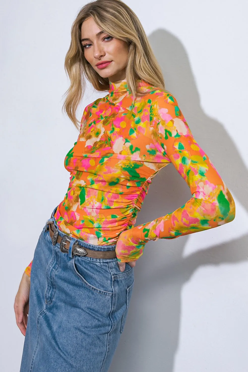 Retro Mesh Shirring Top Orange