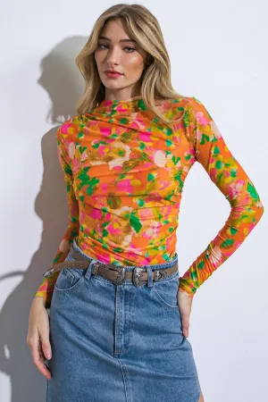 Retro Mesh Shirring Top Orange