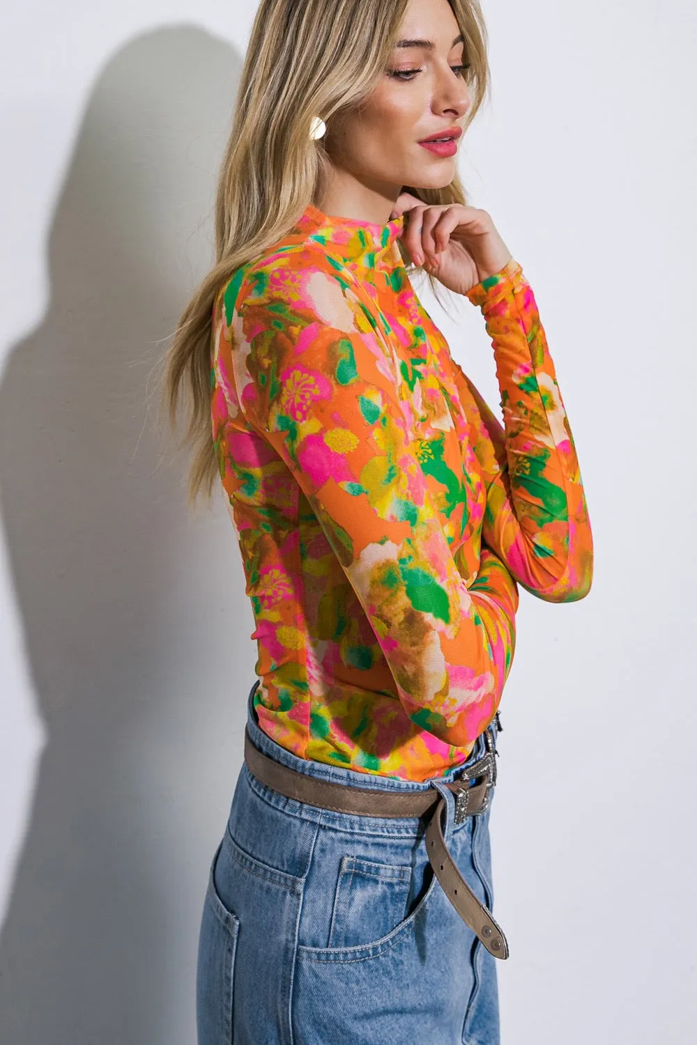 Retro Mesh Shirring Top Orange