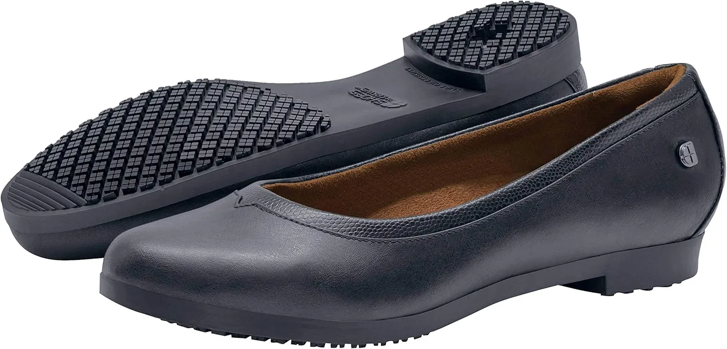 Shoes for Crews Reese, Womens Shoes, Non Slip Work Shoes, Slip Resistant, Black Flats for Work, Comfortable, Lightweight Cushioned Flats, Black