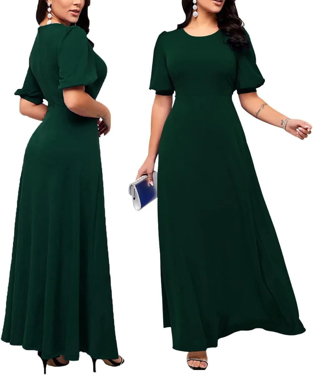 SperLucky Maxi Dresses for Women Elegant Long Dress Short Sleeve Dress Casual Round Neck Floral Print Loose Party Dress