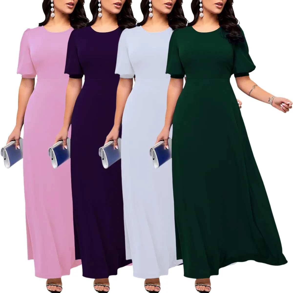 SperLucky Maxi Dresses for Women Elegant Long Dress Short Sleeve Dress Casual Round Neck Floral Print Loose Party Dress