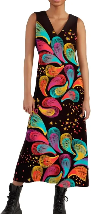 Summer Dresses for Women 2025,Women's Trendy Floral Printed Dresses V Neck Baggy Hem Split Sleeveless Long Maxi Dress