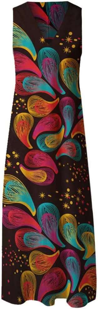 Summer Dresses for Women 2025,Women's Trendy Floral Printed Dresses V Neck Baggy Hem Split Sleeveless Long Maxi Dress