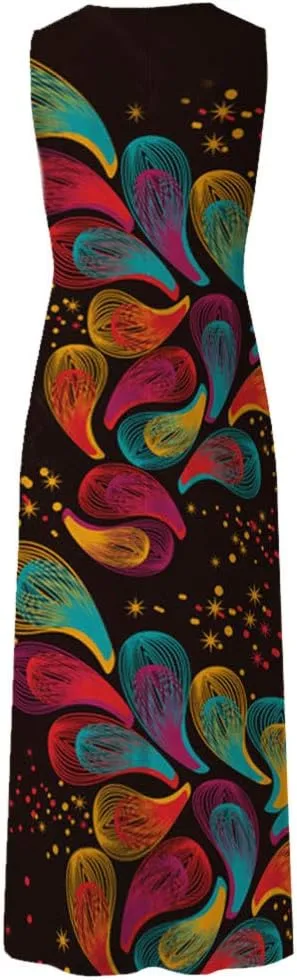 Summer Dresses for Women 2025,Women's Trendy Floral Printed Dresses V Neck Baggy Hem Split Sleeveless Long Maxi Dress