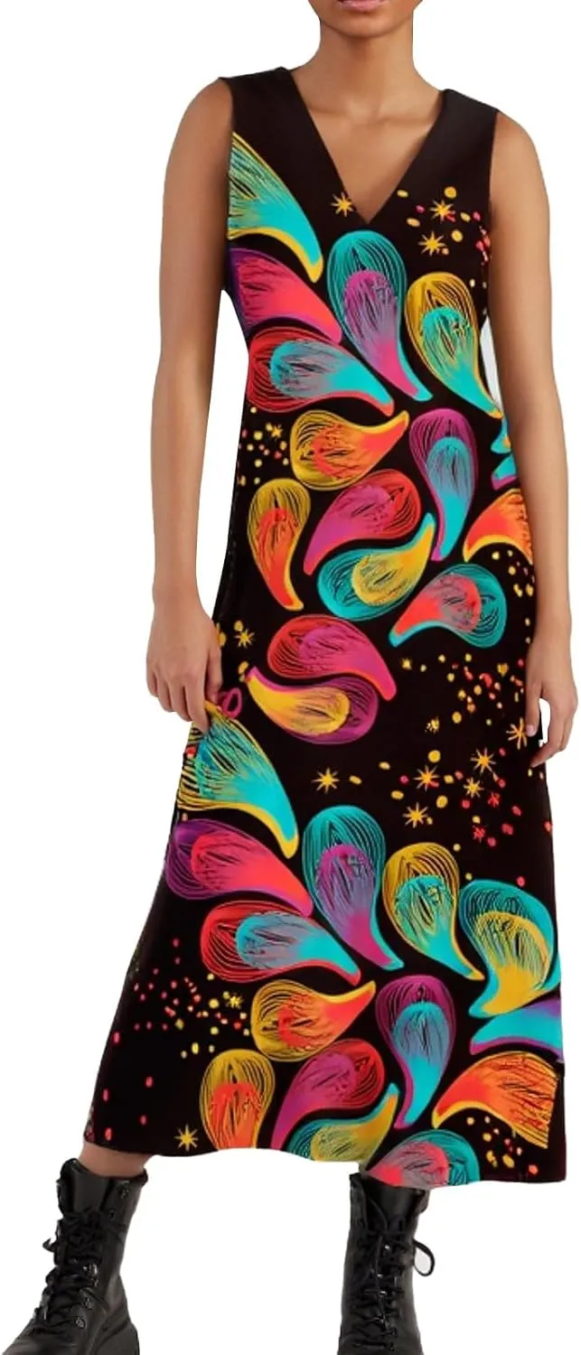 Summer Dresses for Women 2025,Women's Trendy Floral Printed Dresses V Neck Baggy Hem Split Sleeveless Long Maxi Dress