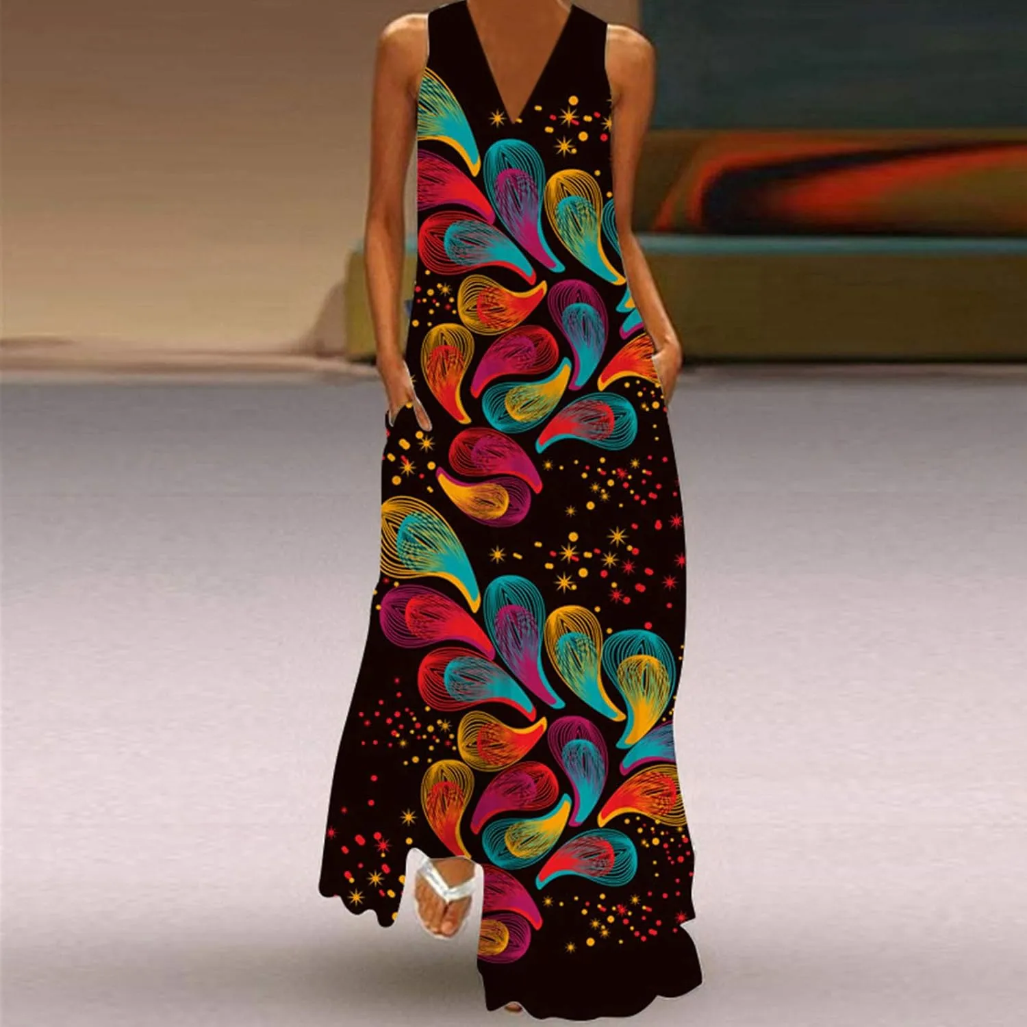 Summer Dresses for Women 2025,Women's Trendy Floral Printed Dresses V Neck Baggy Hem Split Sleeveless Long Maxi Dress