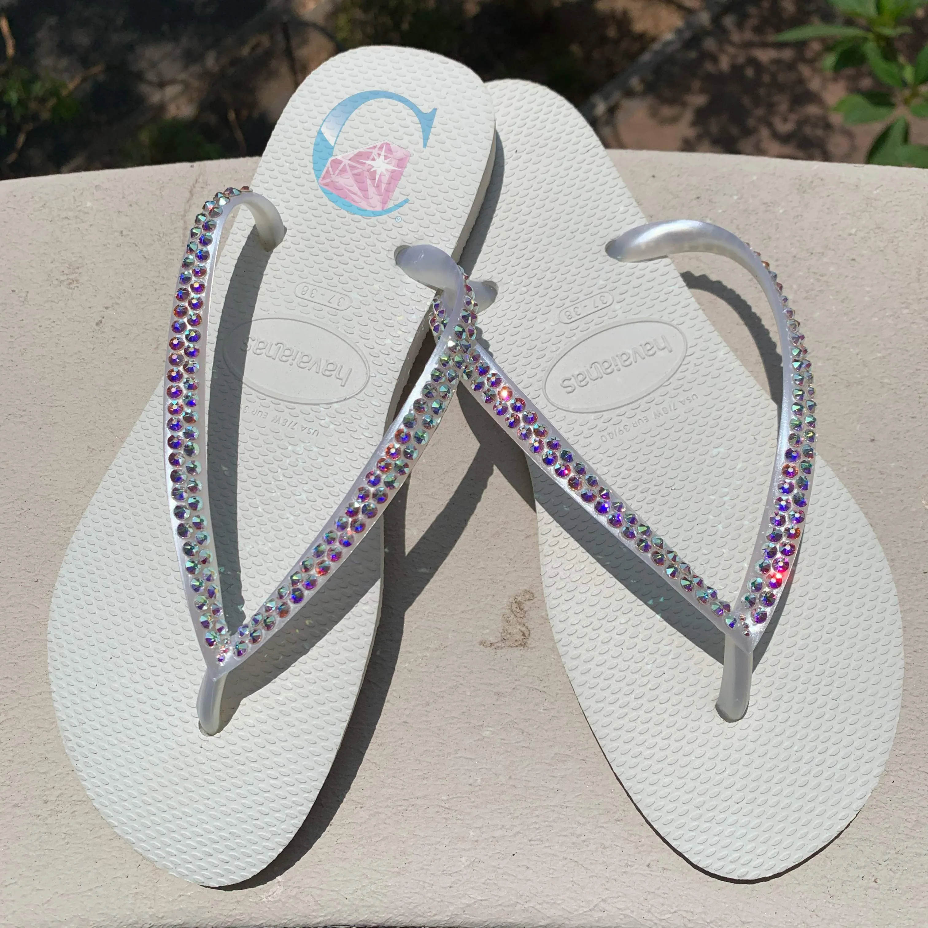 White Thin Strap Havaianas/Crystal AB - 2 Rows *