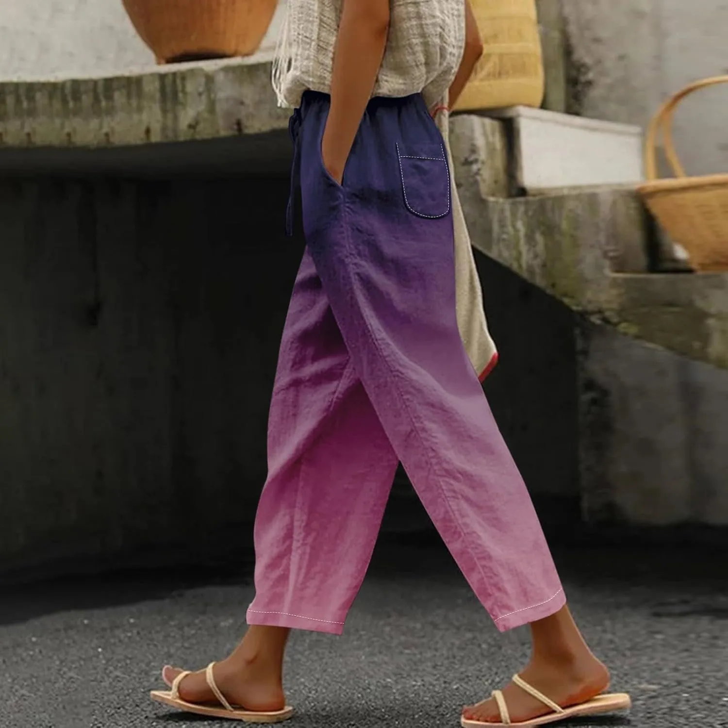 Women Linen Palazzo Pants Cotton Linen Elastic Seven Pants Beach Casual Pants Linen High Waisted Drawstring Lounge Pants