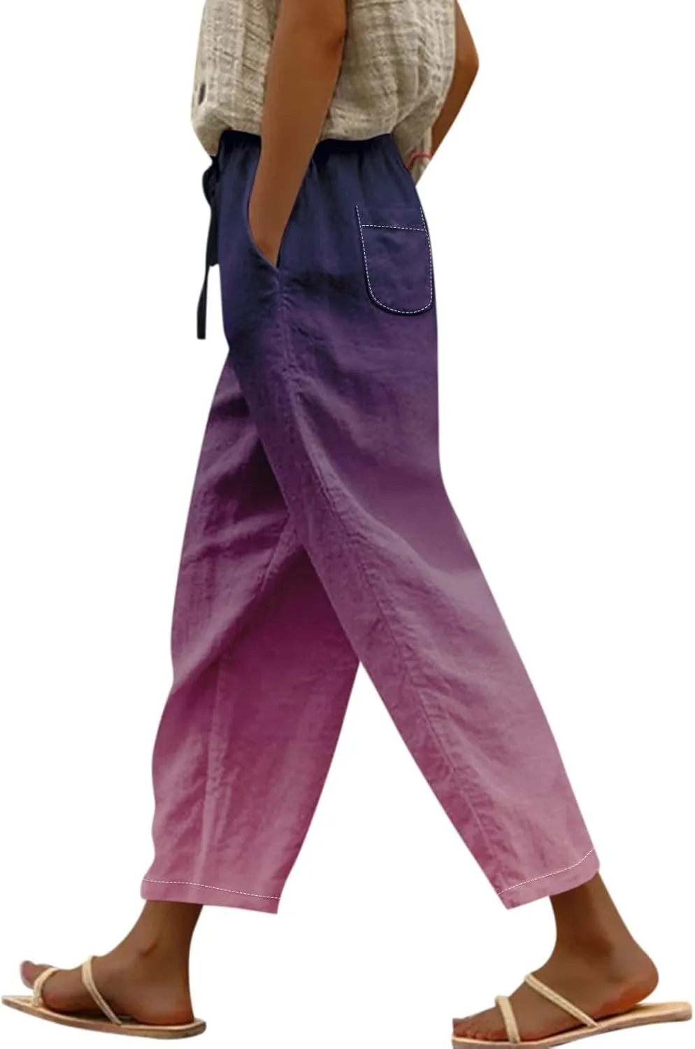 Women Linen Palazzo Pants Cotton Linen Elastic Seven Pants Beach Casual Pants Linen High Waisted Drawstring Lounge Pants