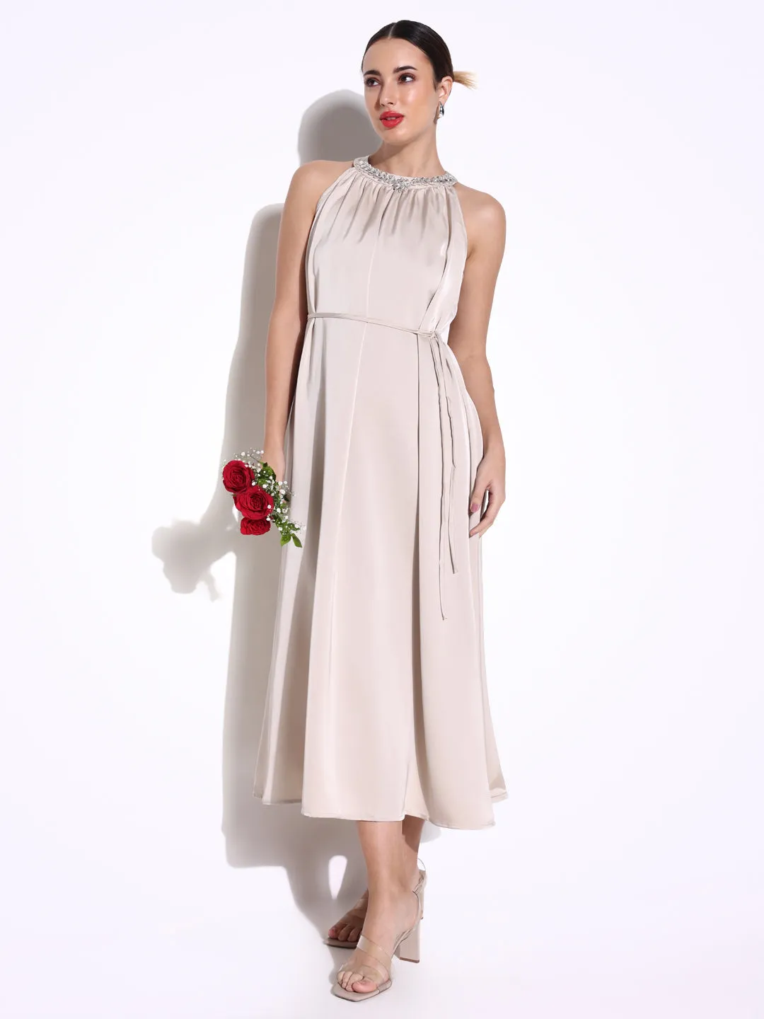 Women Solid Cream Sheath Dress