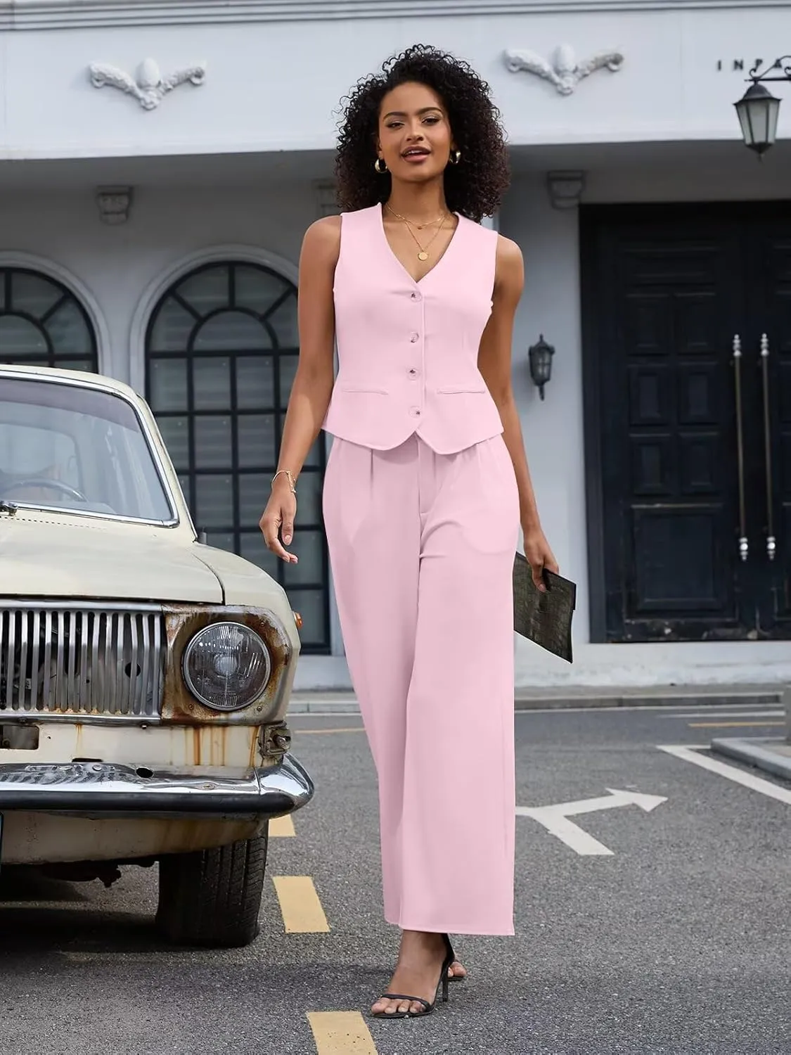 Women's 2 Piece Outfits Elegant Blazer Vest Pockets Wide Leg Pant Suit Casual Matching Set