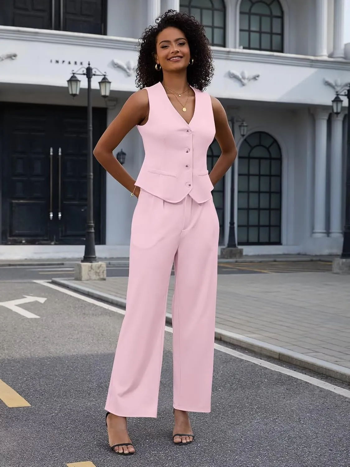 Women's 2 Piece Outfits Elegant Blazer Vest Pockets Wide Leg Pant Suit Casual Matching Set