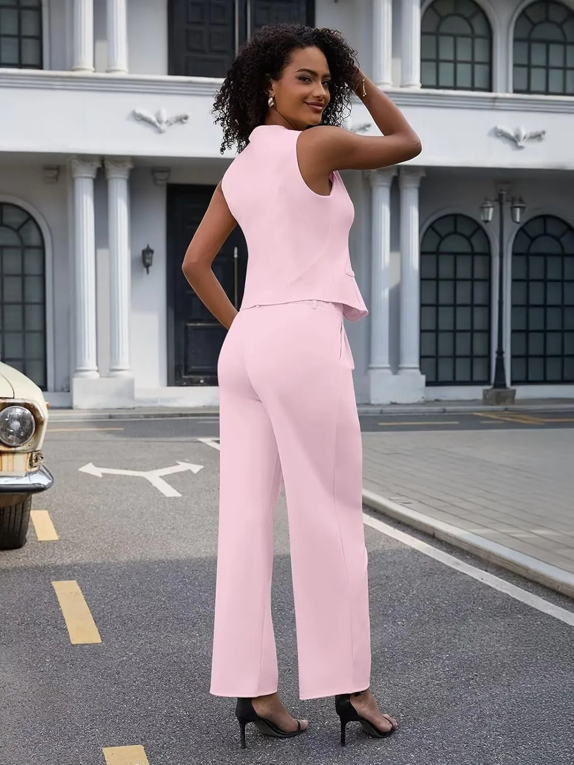 Women's 2 Piece Outfits Elegant Blazer Vest Pockets Wide Leg Pant Suit Casual Matching Set