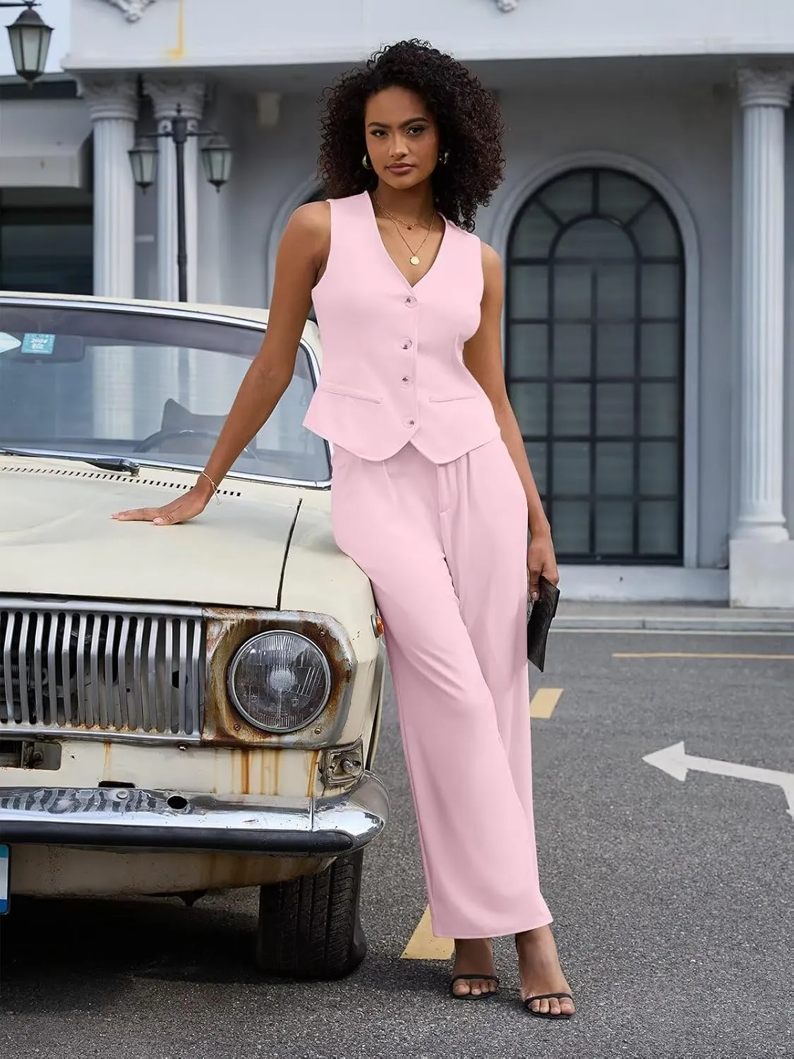 Women's 2 Piece Outfits Elegant Blazer Vest Pockets Wide Leg Pant Suit Casual Matching Set