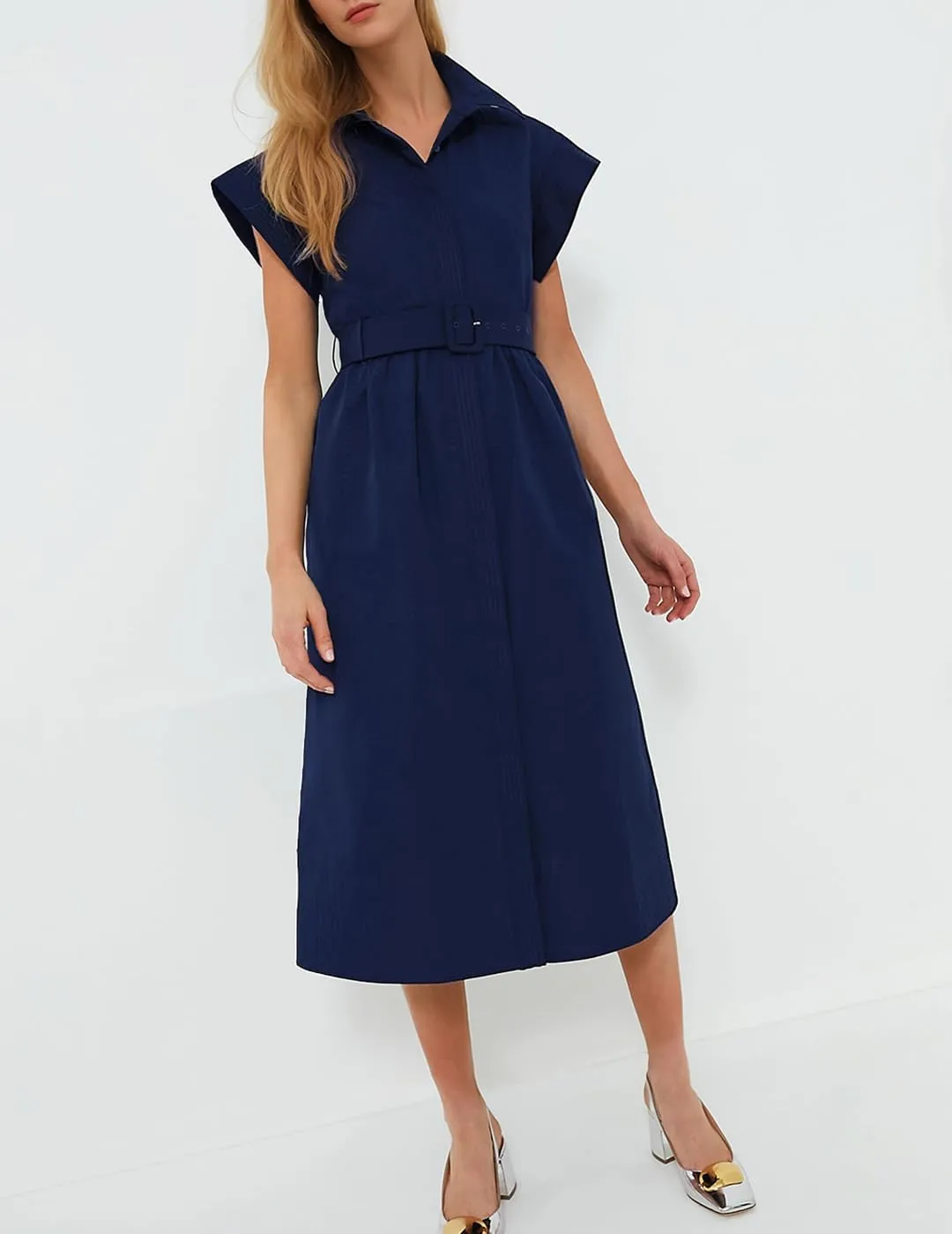 Women's Casual Button Shirt Dresses Short Sleeve Business Long Dresses Elegant Trench Coat with Pockets