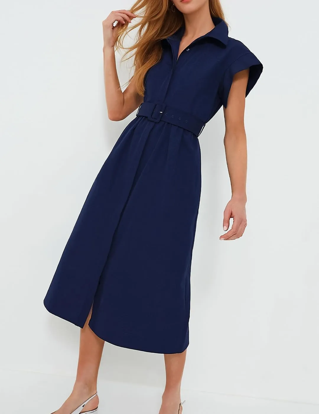 Women's Casual Button Shirt Dresses Short Sleeve Business Long Dresses Elegant Trench Coat with Pockets