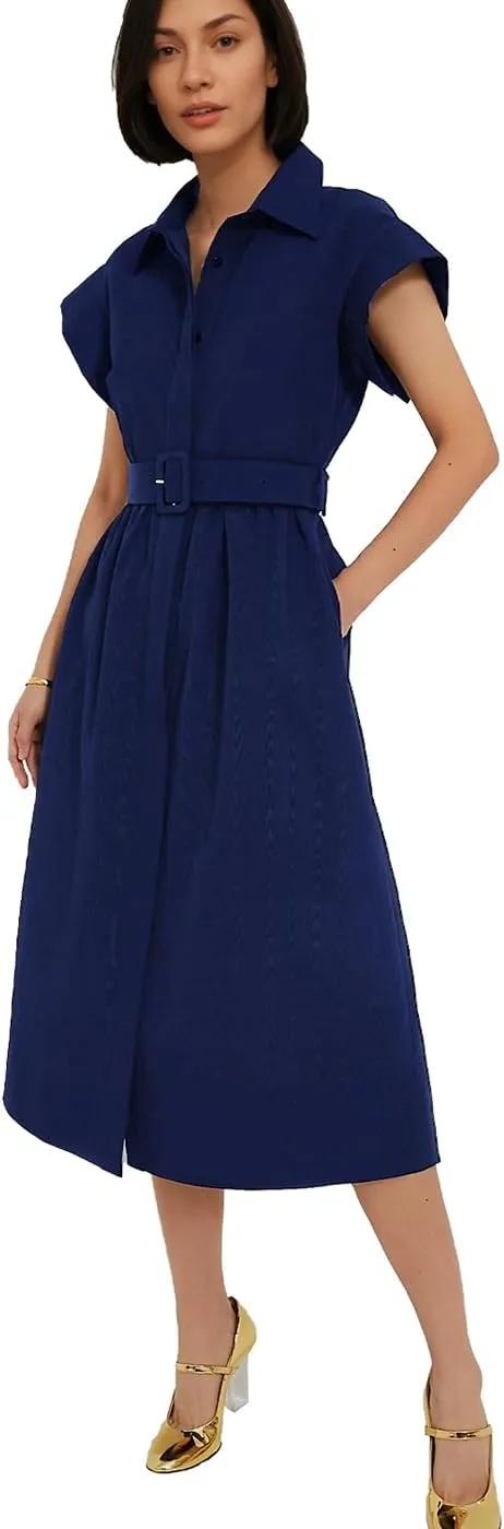 Women's Casual Button Shirt Dresses Short Sleeve Business Long Dresses Elegant Trench Coat with Pockets