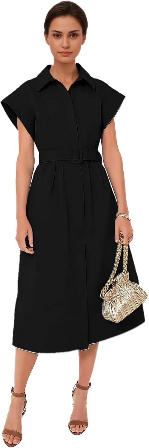 Women's Casual Button Shirt Dresses Short Sleeve Business Long Dresses Elegant Trench Coat with Pockets