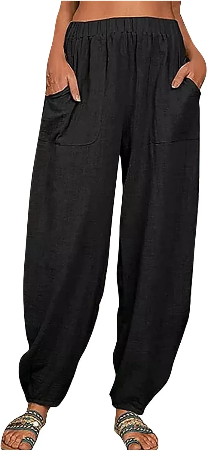 Women's Casual Lantern Tapered Harem Linen Pants Loose Fit Style Ankle Trousers Summer Baggy Slacks with Pocket
