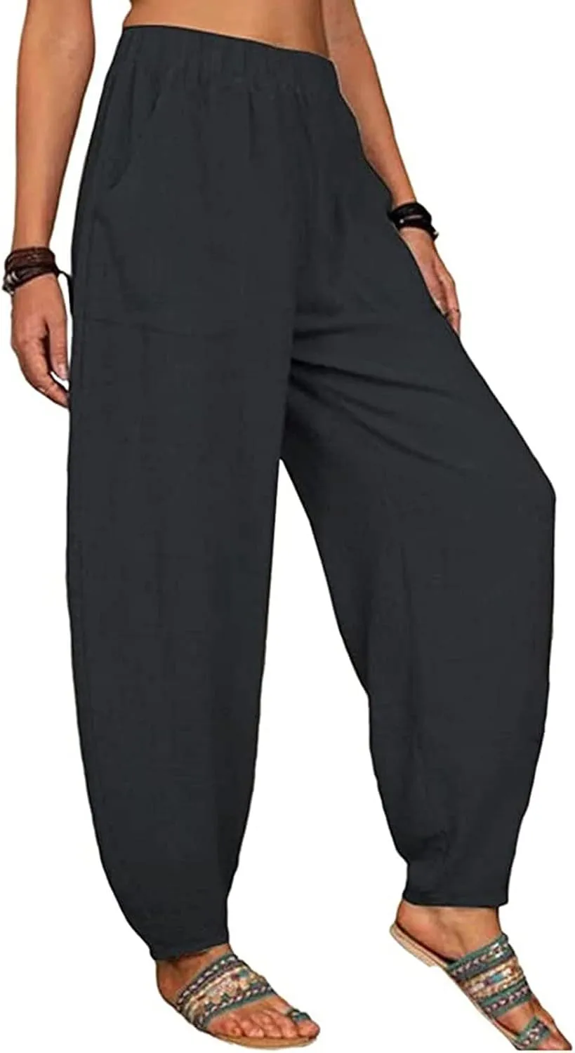 Women's Casual Lantern Tapered Harem Linen Pants Loose Fit Style Ankle Trousers Summer Baggy Slacks with Pocket