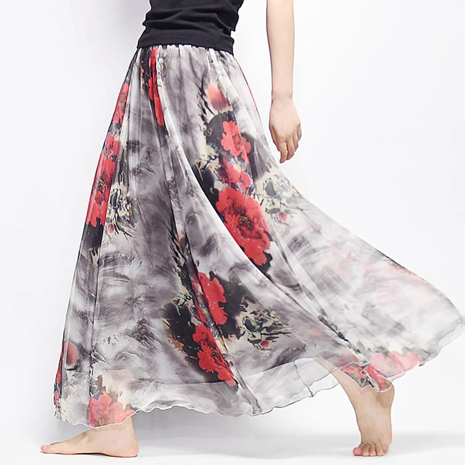 Women's Chiffon Floral Boho Skirts Flowy Double-Layered Mesh Maxi Skirt Elegant Pleated A-Line Long Beach Skirts