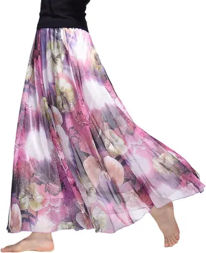 Women's Chiffon Floral Boho Skirts Flowy Double-Layered Mesh Maxi Skirt Elegant Pleated A-Line Long Beach Skirts