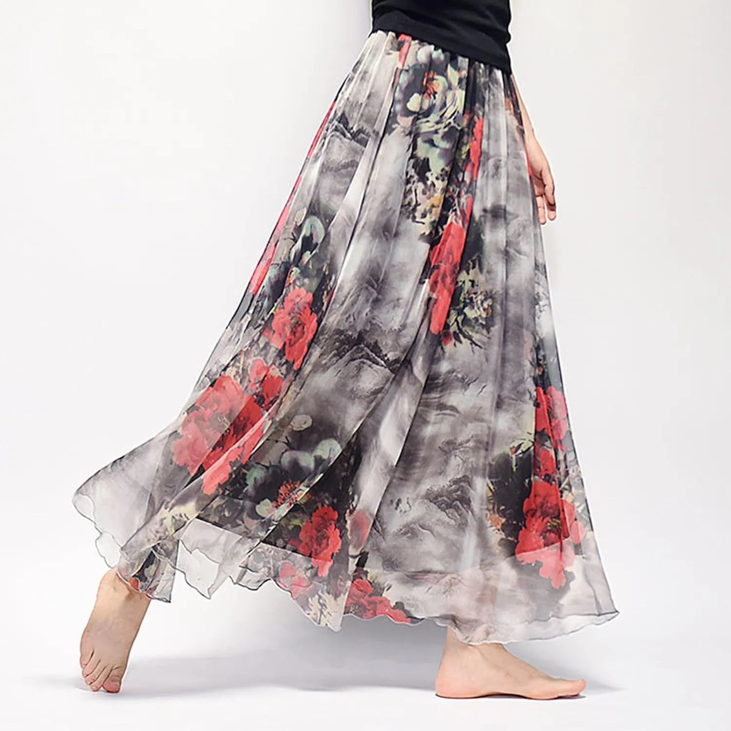 Women's Chiffon Floral Boho Skirts Flowy Double-Layered Mesh Maxi Skirt Elegant Pleated A-Line Long Beach Skirts