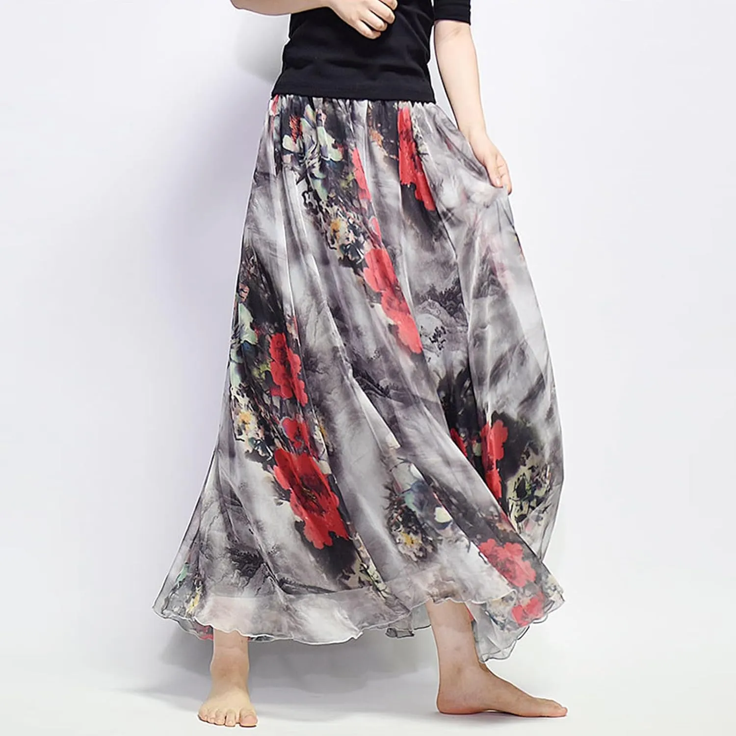 Women's Chiffon Floral Boho Skirts Flowy Double-Layered Mesh Maxi Skirt Elegant Pleated A-Line Long Beach Skirts