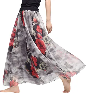 Women's Chiffon Floral Boho Skirts Flowy Double-Layered Mesh Maxi Skirt Elegant Pleated A-Line Long Beach Skirts