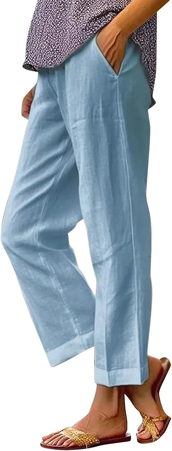 Women's Clothing Solid Elastic Pants Long Drawstring Linen Women Waist Cotton Casual Slacks Business Pants with Pockets