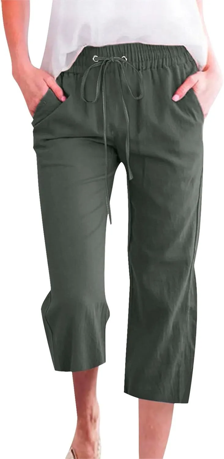 Women's Linen Capri Pants with Drawstring Beach Casual Pants Linen Lightweight Elastic Waist