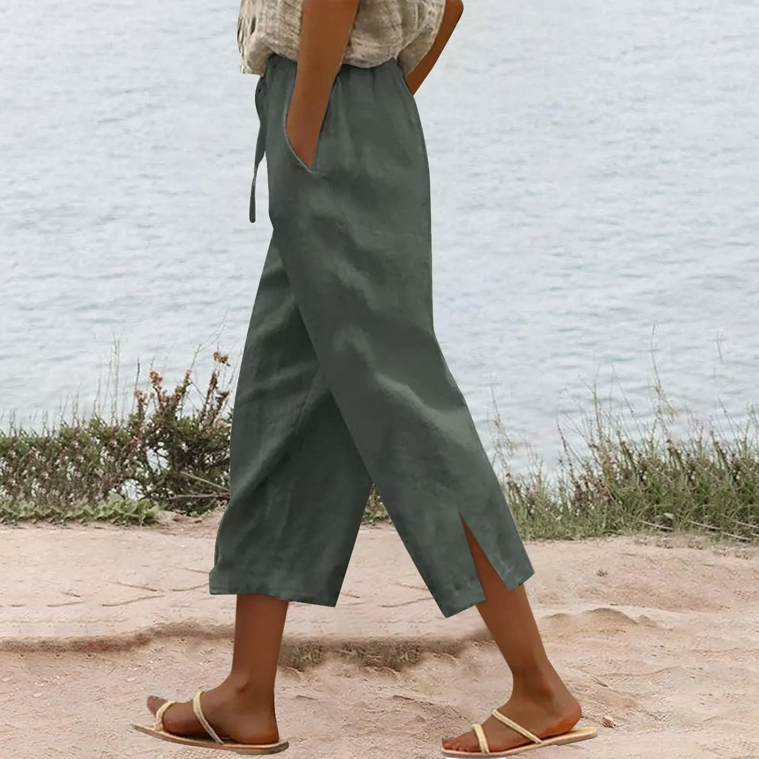 Women's Linen Capri Pants with Drawstring Beach Casual Pants Linen Lightweight Elastic Waist