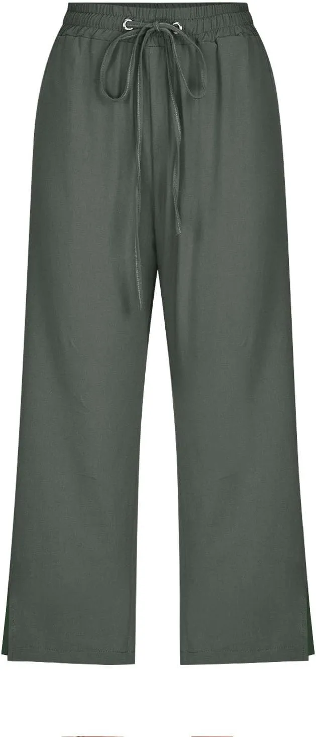 Women's Linen Capri Pants with Drawstring Beach Casual Pants Linen Lightweight Elastic Waist
