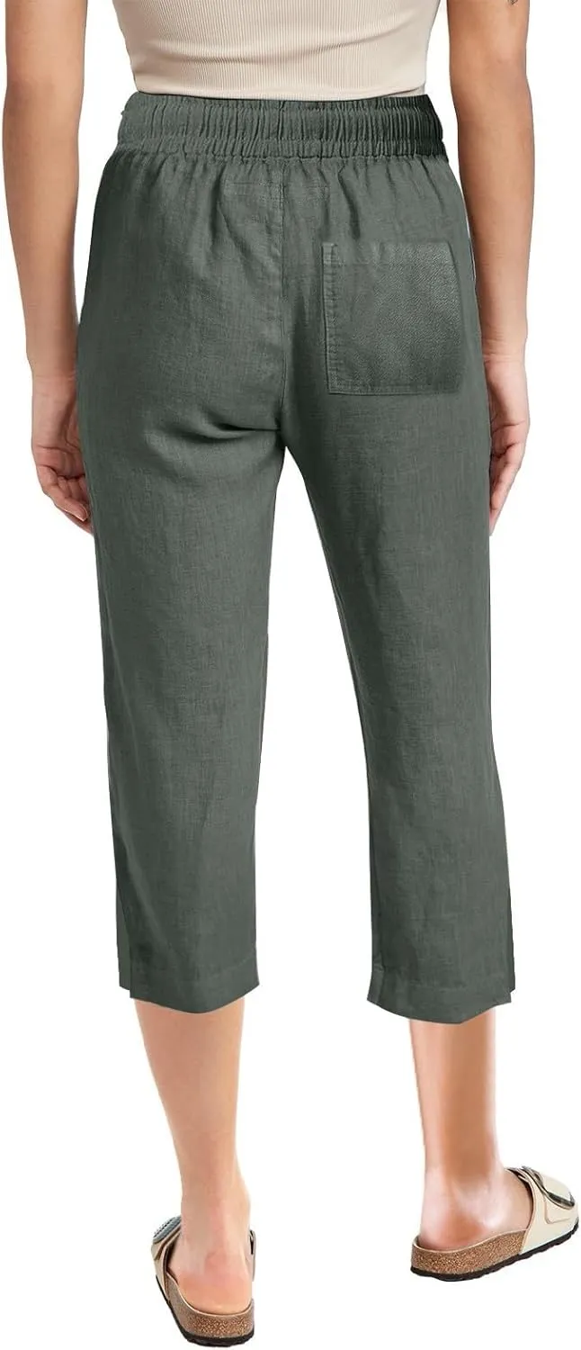 Women's Linen Capri Pants with Drawstring Beach Casual Pants Linen Lightweight Elastic Waist