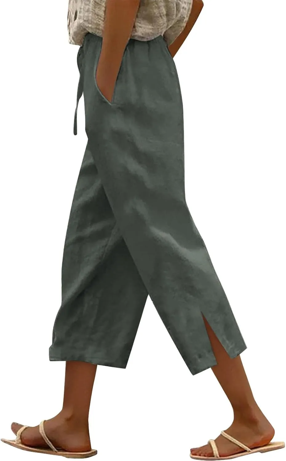 Women's Linen Capri Pants with Drawstring Beach Casual Pants Linen Lightweight Elastic Waist
